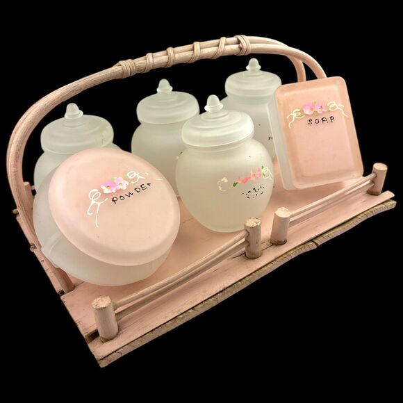 40's Frosted Glass Pink Floral Apothecary Jar Container Vintage 7pc Nursery Set - Picture 3 of 12